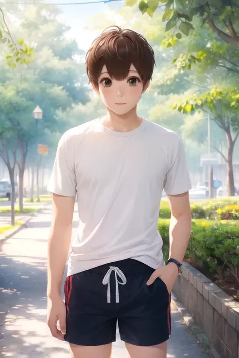 masterpiece, best quality, , 1boy, solo, male focus, looking at viewer, upper body, depth of field, (watercolor illustration, soft pastel colors:1.1), realistic, <lora:yukari_nejima:0.68>, yukari_nejima, brown hair, brown eyes, gym shorts, , ,