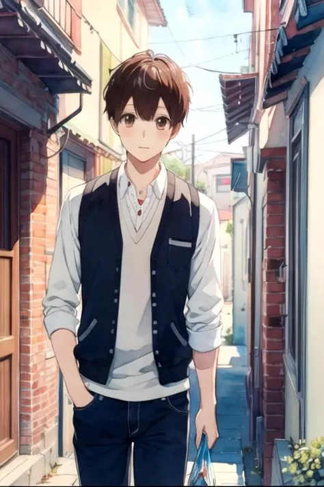masterpiece, best quality, , 1boy, solo, male focus, looking at viewer, , , (watercolor illustration, soft pastel colors:1.1), , <lora:yukari_nejima:0.66>, yukari_nejima, brown hair, brown eyes, , , alley, High definition