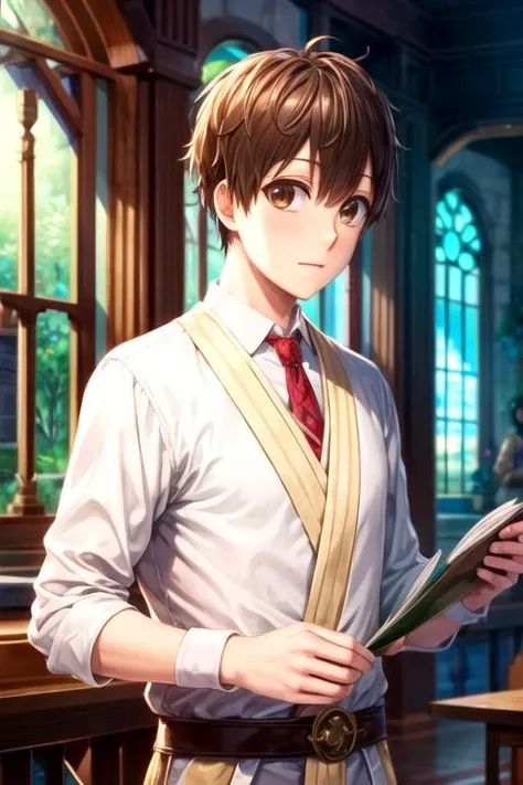 masterpiece, best quality, , 1boy, solo, male focus, looking at viewer, , depth of field, , , <lora:yukari_nejima:0.68>, yukari_nejima, brown hair, brown eyes, , Xanadu: A magical kingdom ruled by a wise and benevolent queen,