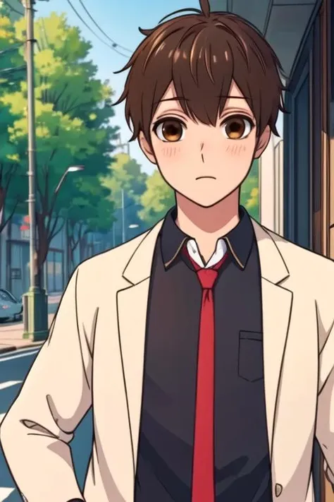 masterpiece, best quality, illustration, 1boy, solo, male focus, looking at viewer, upper body, depth of field, , , <lora:yukari_nejima:0.70>, yukari_nejima, brown hair, brown eyes, graduation costume, atompunk,