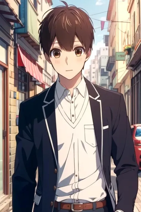 masterpiece, best quality, game cg, 1boy, solo, male focus, looking at viewer, upper body, , anime coloring, , <lora:yukari_nejima:0.74>, yukari_nejima, brown hair, brown eyes, greek costume, glacier,