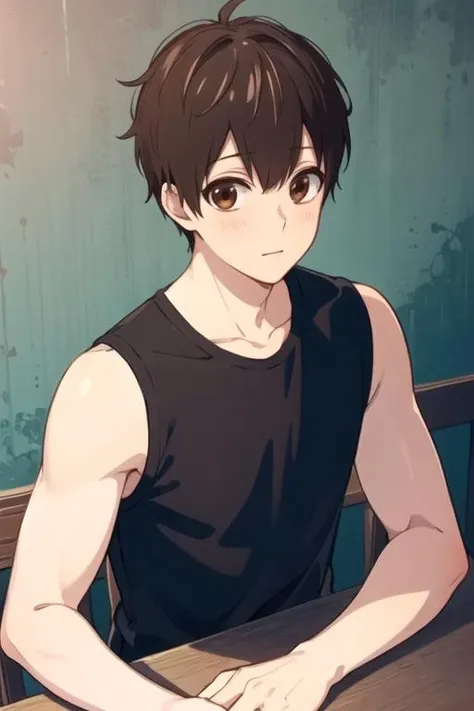 masterpiece, best quality, wallpaper, 1boy, solo, male focus, looking at viewer, , , , , <lora:yukari_nejima:0.66>, yukari_nejima, brown hair, brown eyes, muscle shirt, , , 16k resolution