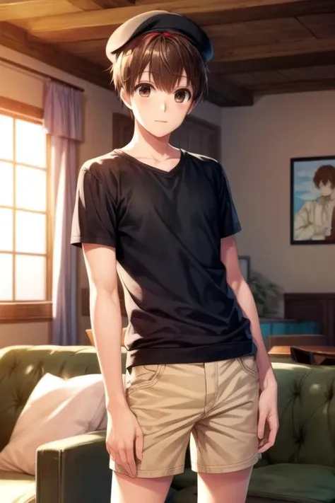 masterpiece, best quality, sketch, 1boy, solo, male focus, looking at viewer, , depth of field, anime coloring, , <lora:yukari_nejima:0.68>, yukari_nejima, brown hair, brown eyes, bermuda shorts, beret, living room, HD