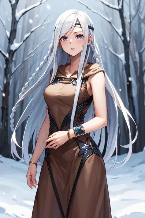 masterpiece, best quality, highres, mweob, long hair, white hair, twin braids, headband, jewelry, bracelet, brown dress, <lora:maiden_with_eyes_of_blue_v1:0.7>, cowboy shot, standing, snow,