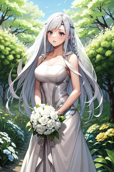 masterpiece, best quality, highres, mweob, white hair, twin braids, headband, <lora:maiden_with_eyes_of_blue_v1:0.7>, wedding dress, garden, standing, cowboy shot, holding bouquet,