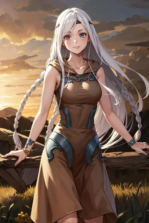 masterpiece, best quality, highres, mweob, white hair, twin braids, headband, jewelry, bracelet, brown dress, <lora:maiden_with_eyes_of_blue_v1:0.7>, cowboy shot, standing, smile