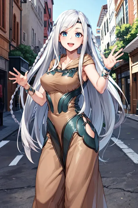 masterpiece, best quality, highres, mweob, white hair, twin braids, headband, jewelry, bracelet, brown dress, <lora:maiden_with_eyes_of_blue_v1:0.7>, waving, smile, open mouth, street