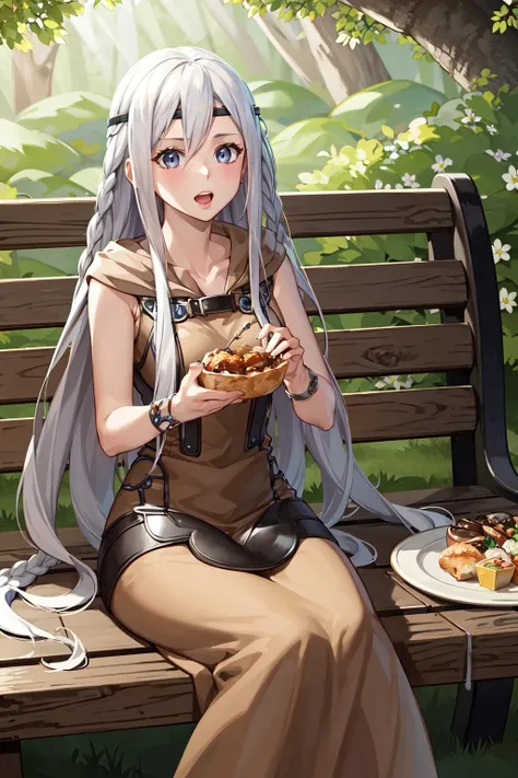 masterpiece, best quality, highres, mweob, white hair, twin braids, headband, jewelry, bracelet, brown dress, <lora:maiden_with_eyes_of_blue_v1:0.7>, sitting, food, eating, outdoors, bench, open mouth,