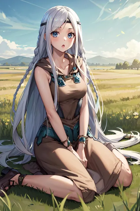 masterpiece, best quality, highres, mweob, white hair, twin braids, headband, jewelry, bracelet, brown dress, <lora:maiden_with_eyes_of_blue_v1:0.7>, field, wariza, :o, grass