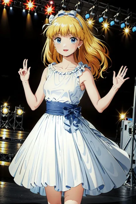 masterpiece, best quality, 1girl, stage,
<lora:LalaV1.5:1>lala,dress,hair bow,hands up, smile,