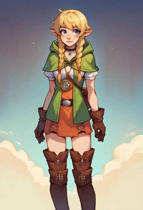 score_9, score_8_up, score_7_up, score_6_up, score_5_up, score_4_up, BREAK 1girl, solo, casual, <lora:hyrulewarriors_linkle_ponyXL-000004:.95> linkle, twin braids, green capelet, hood, leather gloves, skirt, thigh boots, choker, belt