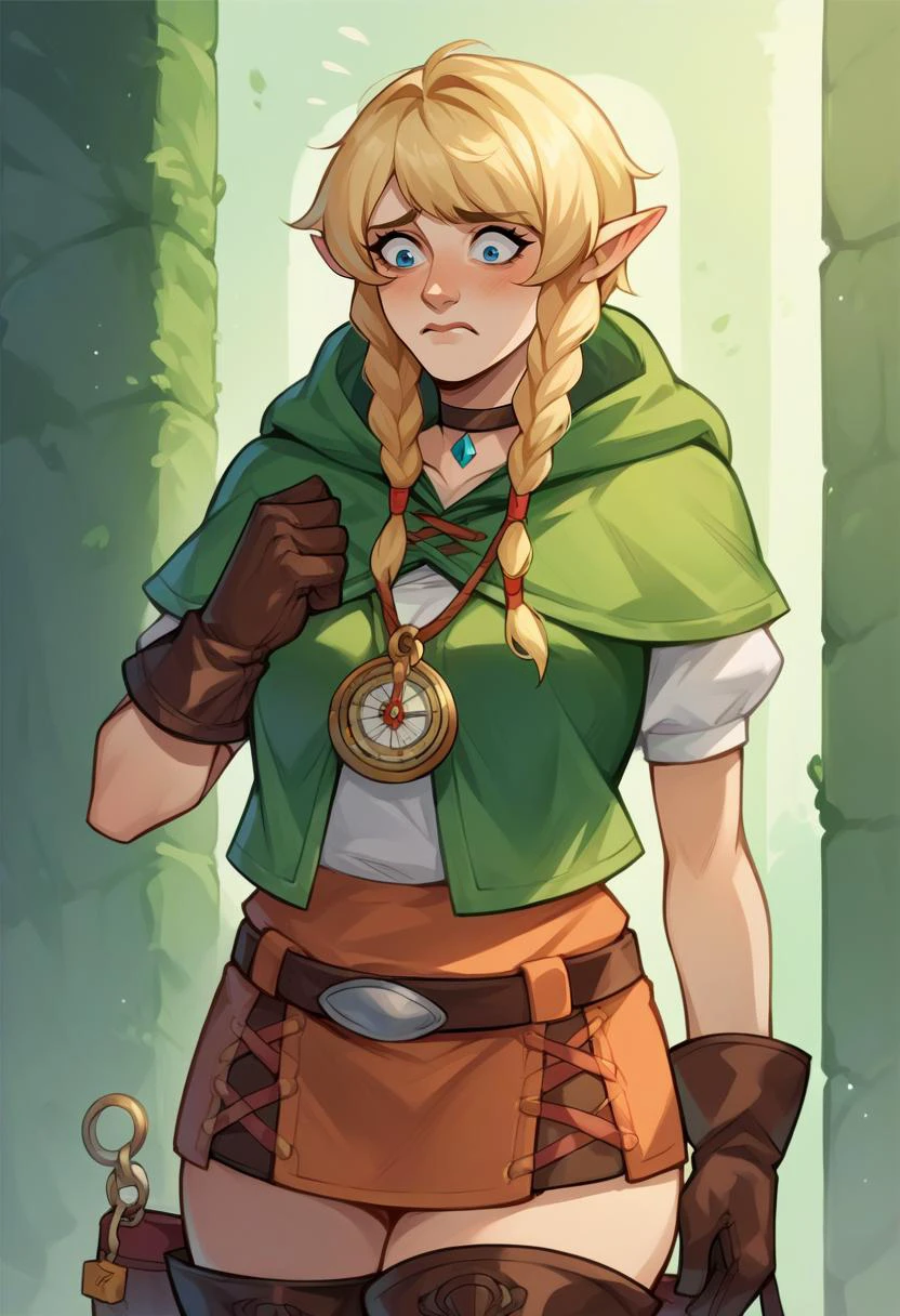 score_9, score_8_up, score_7_up, score_6_up, score_5_up, score_4_up, source_anime, BREAK mature female, pegging <lora:hyrulewarriors_linkle_ponyXL-000004:.95> linkle, twin braids, green capelet, hood, leather gloves, skirt, thigh boots, choker, belt rating_explicit, afraid ,