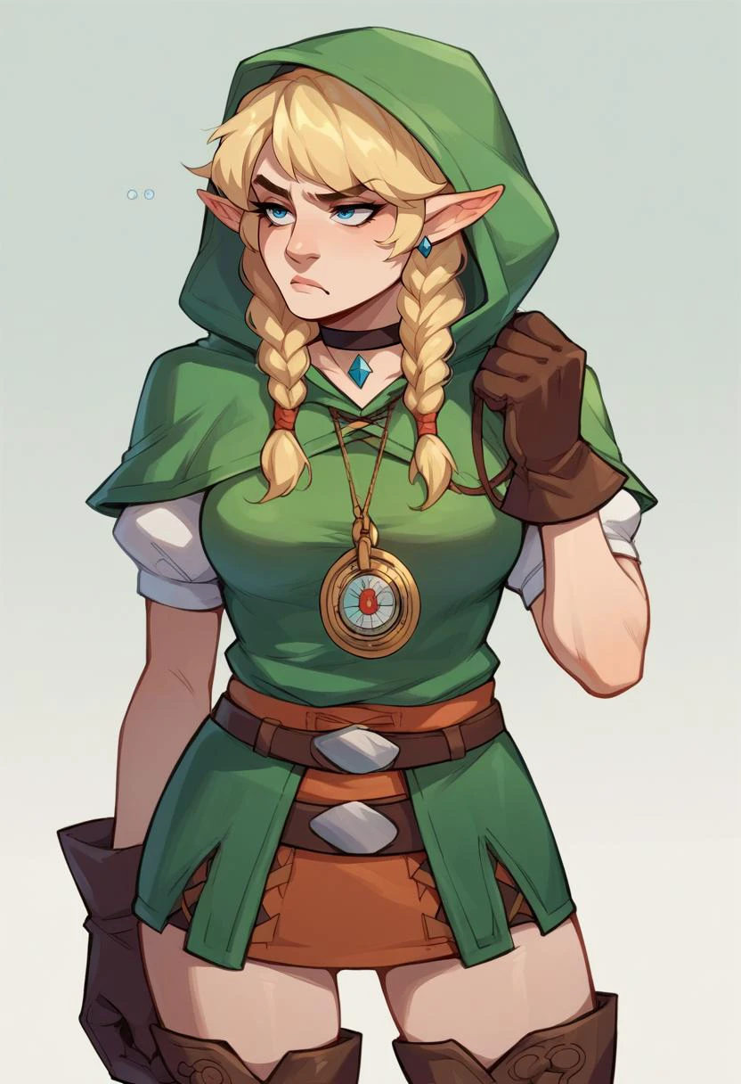 score_9, score_8_up, score_7_up, score_6_up, score_5_up, score_4_up, source_anime, BREAK mature female, vaginal object insertion <lora:hyrulewarriors_linkle_ponyXL-000004:.95> linkle, twin braids, green capelet, hood, leather gloves, skirt, thigh boots, choker, belt rating_explicit, amused ,