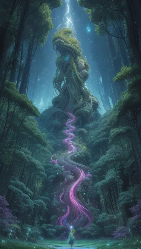 masterpiece, best quality,  a surreal landscape where the sky is made of swirling galaxies and the ground is a forest of neon-colored trees, 1girl,  <lora:Sciamano240 [MockAi - v1.0]:1> sciamano240, soft shading, detailed, semi-realistic, light censor, open mouth, happy,  <lora:hair_length_slider_v1:5>, rapunzel, rapunzel \(disney\),