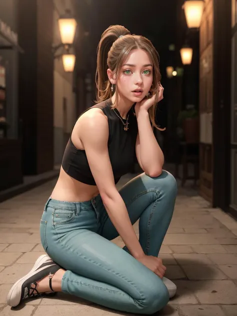 1girl, ponytail, light brown hair, drill hair, light green eyes, crop top, jeans, (((piercing))) , symmetrical hand pose,  real world location, closed mouth, tying footwear, 
masterpiece, best quality, intricate detail, <lora:Sexercise:1> <lora:breastsizeslideroffset:0.5> <lora:hair_length_slider_v1:2.6> <lora:skin_slider_v1:0.5>