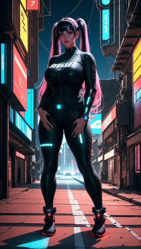 masterpiece, best quality, highres,  a digital portrait in a futuristic cyberpunk style, with neon accents, augmented reality enhancements, and a dystopian backdrop, <lora:Sciamano240 [MockAi - v1.0]:0.8> sciamano240, soft shading, detailed, semi-realistic, <lora:hair_length_slider_v1:2.5>, <lora:breastsizeslideroffset:1>,  <lora:muscle_slider_v1:1> <lora:weight_slider_v2:0.8>, blunt bangs, twintails, hands in pockets, broken chain,