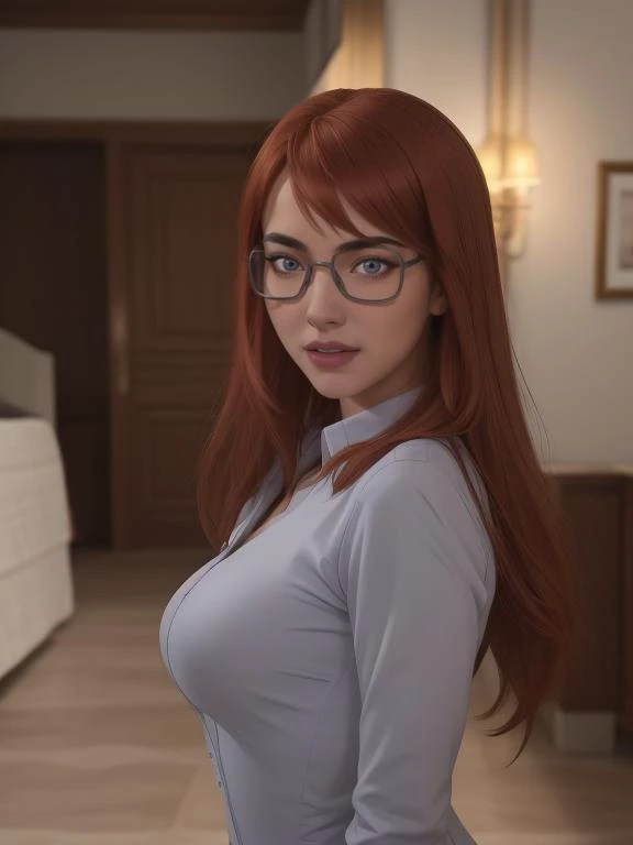 1girl, looking at viewer, light smile,
masterpiece, best quality, intricate detail, <lora:breastsizeslideroffset:0> <lora:hair_length_slider_v1:2.6> <lora:skin_slider_v1:0.5> <lora:CARTOON_DC_batgirl_ownwaifu:0.7> CARTOON_barbara_ownwaifu,www.ownwaifu.com,long hair,shirt,glasses,red hair,collared shirt,blue eyes,black-framed eyewear,bangs,breasts,under-rim eyewear,semi-rimless eyewear, curvy, toned, large breasts, narrow waist,