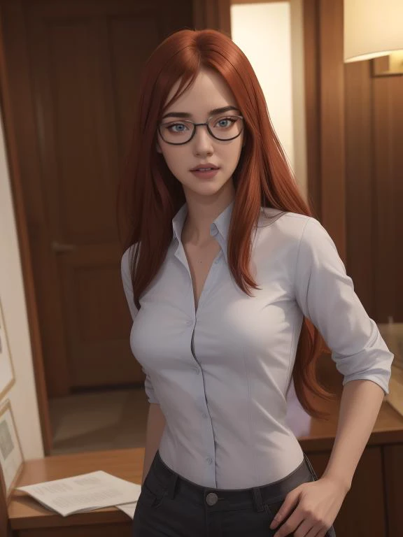1girl, looking at viewer, light smile,
masterpiece, best quality, intricate detail, <lora:breastsizeslideroffset:0> <lora:hair_length_slider_v1:2.6> <lora:skin_slider_v1:0.5> <lora:CARTOON_DC_batgirl_ownwaifu:0.6> CARTOON_barbara_ownwaifu,www.ownwaifu.com,long hair,shirt,glasses,red hair,collared shirt,blue eyes,black-framed eyewear,bangs,breasts,under-rim eyewear,semi-rimless eyewear, curvy, toned, large breasts, narrow waist,
