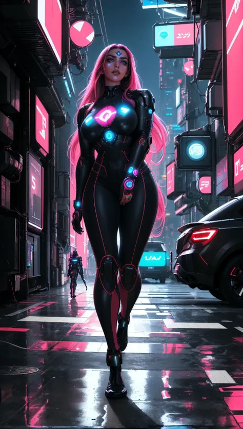 masterpiece, best quality, highres,  a digital portrait in a futuristic cyberpunk style, with neon accents, augmented reality enhancements, and a dystopian backdrop, <lora:Sciamano240 [MockAi - v1.0]:0.8> sciamano240, soft shading, detailed, semi-realistic, <lora:hair_length_slider_v1:2.5>, <lora:breastsizeslideroffset:1>,  <lora:muscle_slider_v1:1> <lora:weight_slider_v2:0.8>, power suit,
