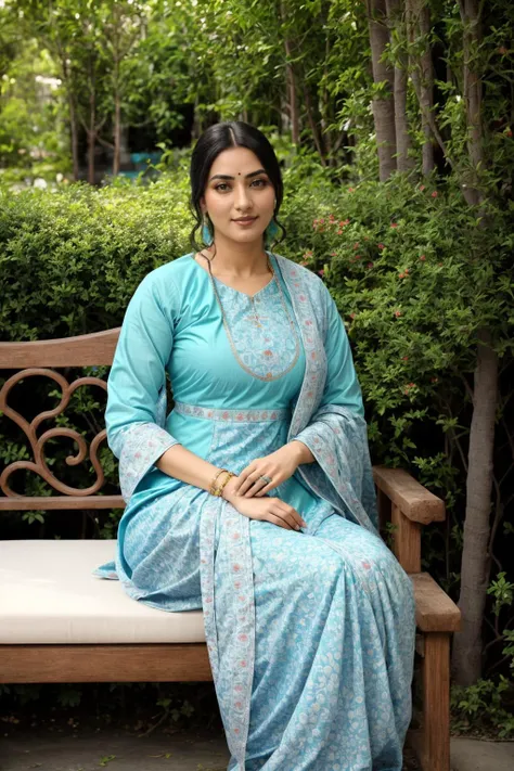 masterpiece,best quality,beautifull woman ,wearing cyan anars,sitting on bench, at garden, tradition shot, looking at viewer, simple background ,full body, detailed face, <lora:anars:1>