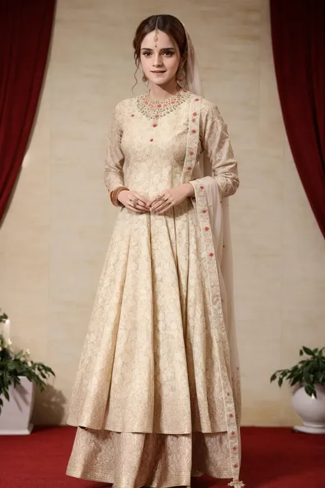 masterpiece,best quality,beautifull woman emwt ,wearing cream anars, at indian wedding reception, tradition shot, looking at viewer, simple background ,full body, detailed face, <lora:anars:1> <lora:EmmaWatsonReduxDogu:1>