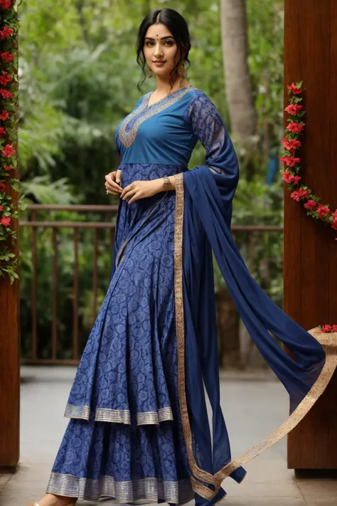 masterpiece,best quality,beautifull woman ,wearing blue anars, tradition shot, looking at viewer, simple background ,full body, detailed face, <lora:anars:1>