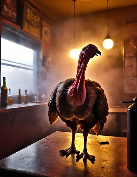 <lora:abysues:0.6> abysues, Digital art, Plain Turkey, it is doing Home improvement, inside of a Bar, Foggy, back-light, creative, <lora:Artistic Image Enhancer v1.1 Lite:0.5>