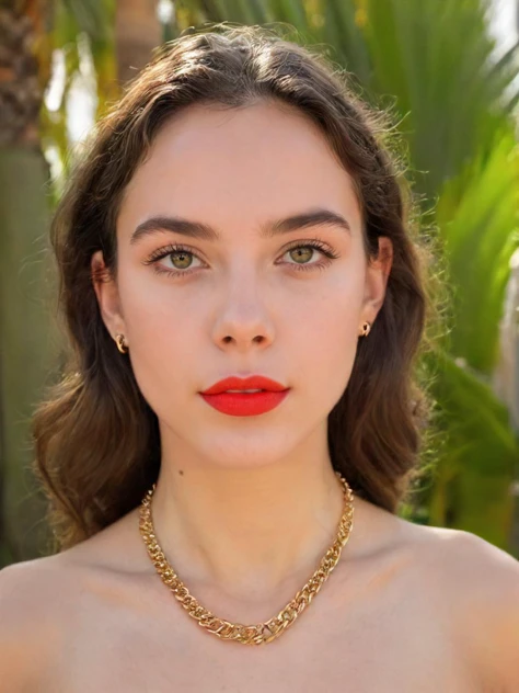 A closeup of a young woman’s face. She has dark brown hair that falls over her shoulders in soft waves. Her eyes are bright green and she is looking directly at the camera with a confident and playful expression. She is wearing a red lipstick that matches her earrings, which are large and round. She also has a thin gold chain around her neck. The background is blurred, but you can see some palm trees and a blue sky behind her. The light is warm and natural, highlighting her features and making her skin glow. The image is vibrant and captivating, showing the woman’s beauty and personality.
