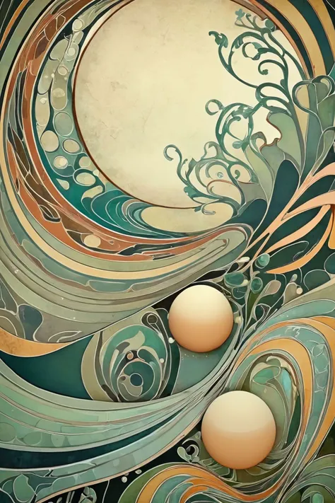 mystical park, expressive art nouveau, sharp edges and spheres, wave pattern, subdued colors
