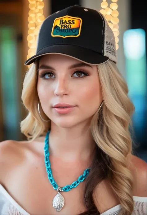 <lora:PiperPerri_SDXL_v1.0:1>
(masterpiece, best quality, high quality, highres, ultra-detailed), (fine skin emphasis and detailed eyes)
RAW, sharp focus, upper body photo ((ohwx woman)) wearing a (bass pro shops:1.1) SnapBack Fishing Trucker Hat, bare shoulders long sleeves sweater, deep smoky waves air dried, statement pendant let inherent beauty shine, lit with soft lighting against a bokeh background, simple backdrop, portrait style, pores, beautiful skin complexion. (shot on a medium format Fujifilm Velvia 100, 85mm lens with incredible saturation and vibrant colors:1.1)