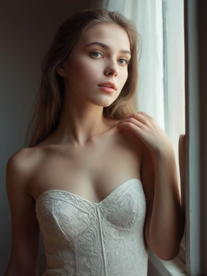RAW photo, masterpiece, Vivid and well-defined colorful details, award winning, Showcasing extreme details at 8K resolution, natural lighting, analog film,amazing composition,Carefully designed composition, balanced and dynamic, intricate details, subsurface scattering, amazing textures, filmic, chiaroscuro, soft light,
break
A beautiful sexy woman of diverse European descent radiates exceptional beauty and sophistication. Her porcelain-like skin enhances her captivating aura, embodying the essence of youthful love and desire.(Detail Shots:1.5),
break
Alluring Realism, captured on Kodak Portra 400, accentuates natural skin tones and subtle textures. Utilizing a narrower aperture, the image ensuring a crisp, detailed portrayal that highlights the interplay of light and form in an intimately realistic manner.
BREAK
(Midnight Mirage, In a room suffused with the soft, warm light of the moon, a dreamlike scene unfolds. A figure by the window, bathed in a gentle lunar glow, becomes a fusion of light and shadow. The moon's tender rays highlight her features, adding a mystical quality to her presence. Her gown sparkles subtly, each movement a symphony of elegance and mystery. Her eyes, deep as the night sky, invite one into a realm of fantasy and allure, creating a magical interlude where dreams and reality intertwine.:1.5)
<lora:LCMTurboMix_DPM_SDE_Karras:0.75>