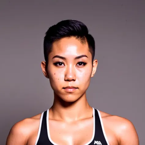 portrait photo of a 26 y.o Burmese woman,very short hair,flattop cut,androgynous,sports bra,mma clothes,bust,looking at viewer,headshot,muscular