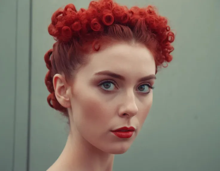 cinematic photo analog style portrait of an Digital art of northern irish woman with Red Chignon hair , photorealistic, curly hair, highly detailed, artstation, smooth, sharp focus, art by michael whelan, artgerm, Darek Zabrock . wes anderson movie, still from stanley kubrick movie, 35mm photograph, film, bokeh, professional, 4k, highly detailed