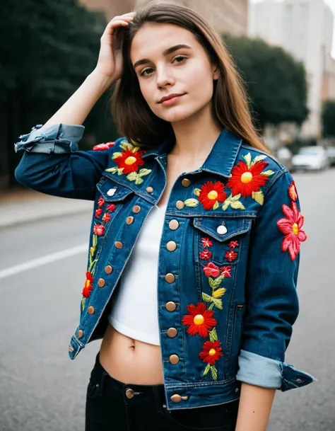 photo of slim girl wearing Embroidered denim jacket for flair