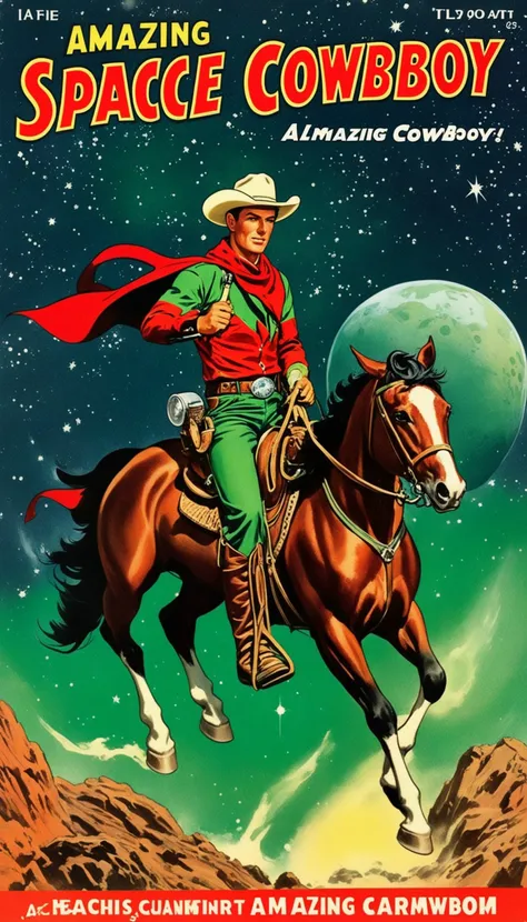 a cover for a comic book, a comic book cover about all space cowboy, 1 cowboy wearing a hat in the style of amazing stories, 1940s 1950s, red and green, comic art, realistic genre scenes, romanticized realism dynamic