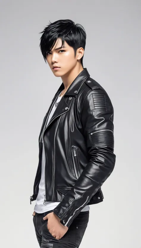 1boy, black hair, white background, short cut hair, leather jacket, tshirt, upper body, detailed shape, detailed line, art of fighting attitude, color manga style