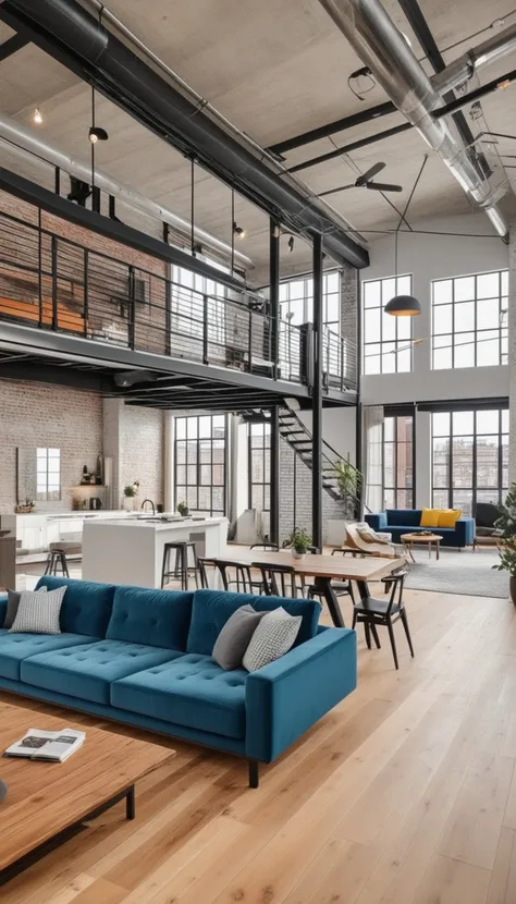 real estate photography style of a modern loft, professional, inviting, well-lit, high-resolution, property-focused, commercial, highly detailed