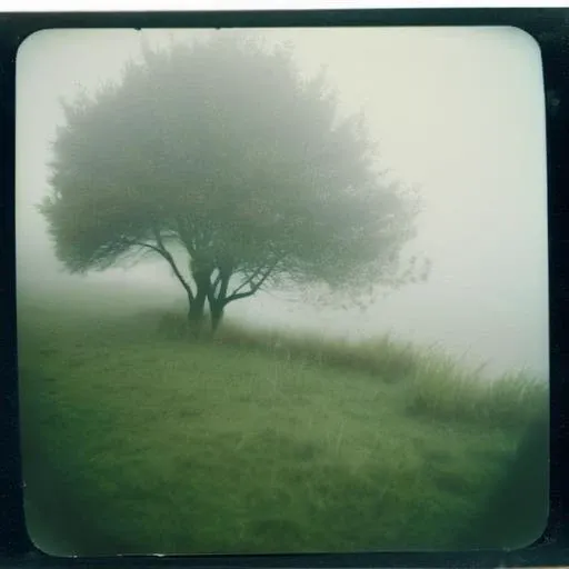 foggy sea, some trees and gras, polaroid
