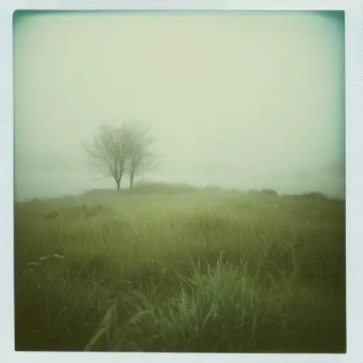 foggy sea, some trees and gras,  polaroid