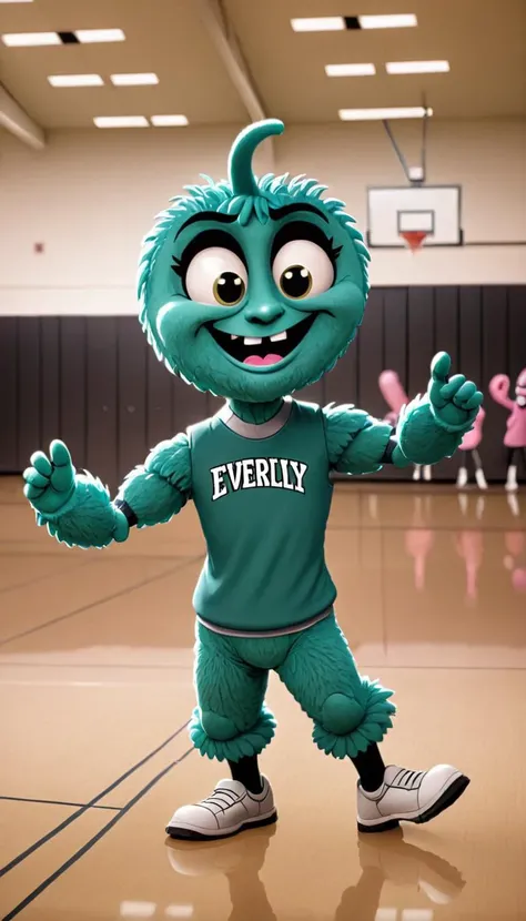 <lora:Everly Heights Comics:1> the EVERLY HEIGHTS EARWORMS mascot dances in a high school gym, cinematic composition.