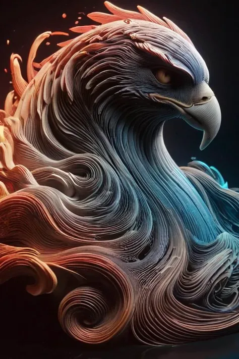 <lora:ral-3dwvz:1.1> ral-3dwvz, background lit by laser prism gradient, spiraling tornado of swirling flames transforms into falcon