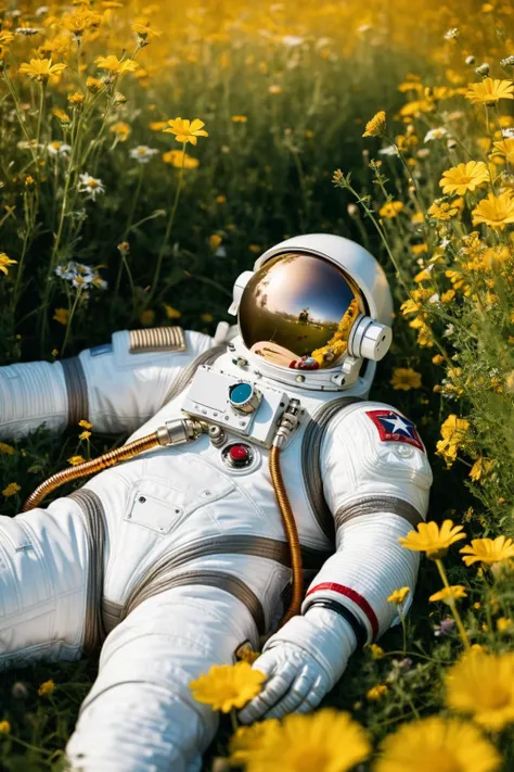 High texture quality photo of biomechanical astronaut lying in a meadow of flowers, golden hour, Leica 50mm