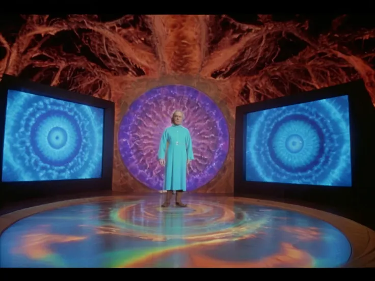 1976 extreme wide shot, DVD screenshot of a mysterious, eerie, dramatic, cinematic, psychedelic, cosmic, uncanny valley, weird, analog, glitch interference, surreal, occultist, pagan, ethereal, abstract, tv pilot, shot in Panavision 70, never aired