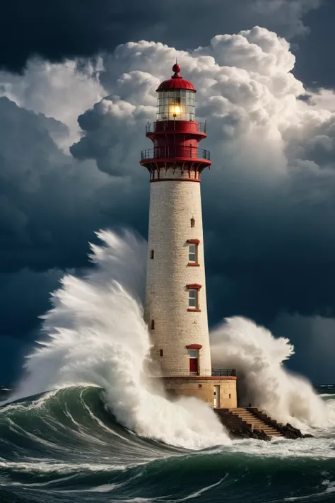 Steampunk style realistic photo of an old lighthouse, big waves chrashes, lightning, thunderstorm, dark clouds, . Antique, mechanical, brass and copper tones, gears, intricate, detailed