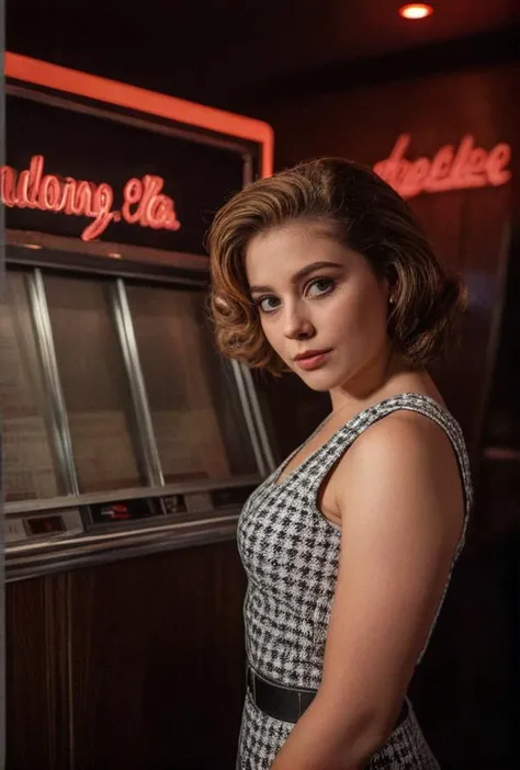 (Portrait Photo of an actress in 1960s attire, leaning against a classic diner's jukebox, under vibrant and contrasting lighting, from a slightly tilted angle, embodying the mood of cool and retro)((dodge and burn, corner edge darken vignette)((exposure POP!!! hdr extremely intricate, High (Detail:1.1), Sharp focus, dramatic cinematic light, (8k textures, elegant, ((((cinematic look))))breathtaking, insane details))
<lora:LCM-LoRA-XL_V1:0.21>
<lora:SDXLHighDetail_v5:0.5>
<lora:sdxl_photorealistic_slider_v1:1.6>
<lora:JuggerCineXL2:0.8> Movie Still, Film Still, Cinematic, Cinematic Shot, Cinematic Lighting