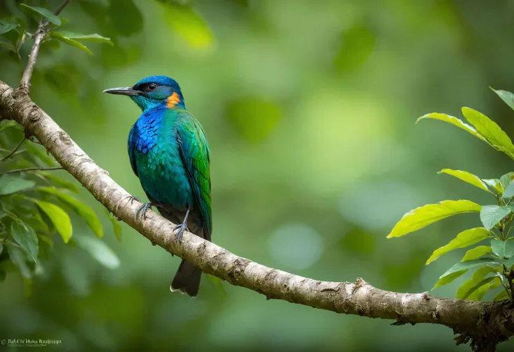 A beautiful, scene of wildlife bird photography in a natural habitat. Imagine a stunning bird with vibrant plumage perched gracefully on a tree branch. The background is a lush, green forest with soft, diffused sunlight filtering through the leaves, creating a serene and tranquil atmosphere. The bird is the focal point, with its feathers displaying a range of colors from bright blues to deep greens, and perhaps a hint of iridescent sheen. The bird looks alert yet at peace, embodying the essence of wild beauty in its natural environment. The scene should capture the feeling of a fleeting, perfect moment in nature, where the viewer can almost hear the gentle rustle of leaves and the distant call of other forest inhabitants.. (masterpiece, best quality, FujiFilm XT-4, (Wild-Life Photography))