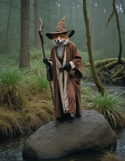 an elderly fox dressed as a wizard standing on a boulder while leaning on a crooked walking stick in a bog of dagobah, dense old growth forest in the background BREAK tattered brown robe BREAK film still from 80s b-movie . highly detailed, panavision, moody, foggy film, soft glare, cold colors, sharp focus, film grain, grainy
