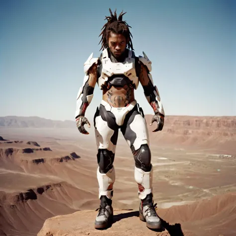 <lora:riiahworldxl:0.8> rhwrld man, dreads, wearing motocross gear (sci-fi) photo of a (fit rhwrld man futuristic samurai standing on rock overlooking Martian valley on earth), ,  looking at viewer, (wearing skintight white and jump suit, full body), fit body, [wide hips], rusty red texas terrain , dust scattered floating in air, (lens flare:0.7), (cross-processing), (highly detailed), (cinematic lighting:1.1), sharp shadows, intricately detailed, photographed on a Hasselblad 500, 80mm F2.8 lens, with Cinestill 800T film, cinematic contrast, outdoors, ((on earth)), , journey,, sfw, Fujifilm XT3, Canon R5, Fujicolor Fujichrome Velvia 100, no helmet
 <lora:[XL]Mechatest:1> robot, city, wings