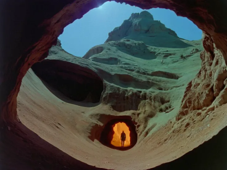 1976 extreme wide shot, DVD screenshot of an acid horror, eerie, dramatic, cinematic, folk horror, psychedelic, cosmic, uncanny valley, analog, camcorder, glitch interference, surreal, occultism, paganism, ethereal, abstract, shot in Panavision 70