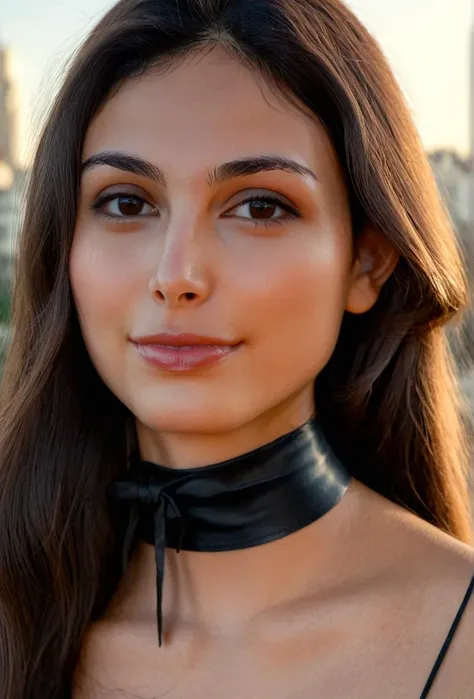 (Skin Texture, pores, natural,iPhone,RAW), natural lighting, Highest Quality closeup Portrait photo of a stunning woman, morena barrarin, with long straght hair,black thin choker, clear lipgloss, Nikon Z9, realistic matte skin, blurry city in the background, 8K, whole face<lora:morbaccarin_xl_1_standard_wo_cap:1>